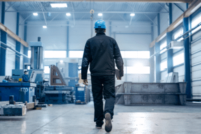 man walking with hard hat on in factory